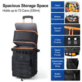 Odoland 72 Cans Soft Cooler with Wheels and Handle Collapsible Ice Chest Rolling Coolers on Wheels for Beach Camping Travel and Picnic