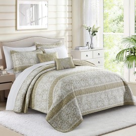 Home Soft Things Serenta Emma 5 Piece Printed Microfiber Quilts Set, Soft Lightweight Reversible Quilt Coverlet Bedspread Bedding Set for All Season, Taupe Green, Queen 90" x 90"