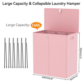 WOWLIVE Laundry Hamper with Lid,160L Large Laundry Basket 3 Section with Removable Washing Bags,Collapsible Waterproof Dirty Clothes Hamper for Laundry Room Bathroom Dorm,Pink