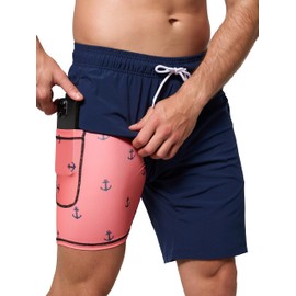 Arcweg Men's Swim Shorts Long Length Swimming Trunks with Compression Lining 2 in 1 Swimming Short with Zipper Pockets Men's Swim Trunk Quick Dry Double Layer Navy Blue+AnchorXL(UK)