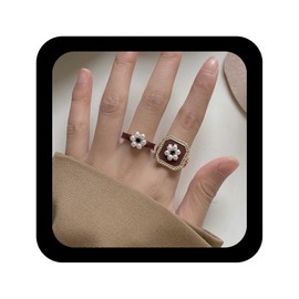 Allereyae Boho Pearl Flower Ring Brown Square Ring Square Signet Ring Pearl Floral Ring Adjustable Pearl Finger Ring Square Bang Ring Jewelry for Women