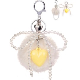 YSCAAA Cute Heart keychains, Women Pearl Bow Bag Charms for Handbag,Off White Pom Pom Key Chain Accessories for Purse,Backpack,Car Keys,