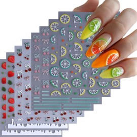 8Sheets Fruit - Themed Nail Stickers, Lemon Cherry Strawberry Decals, 3D Self - Adhesive DIY Summer Manicure Colorful and Charming Nail Decorations for Women and Girls