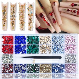 3820 Pcs Rhinestones for Nails, Red Emerald Green Royal Light Lake Blue Gold Nail Rhinestones Crystals Multi Shaped Sized Flatback Nails Glass Gems Crystals for Nails DIY Crafts