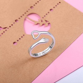 ACJFA I Love You Forever Love Heart Hug Ring Sterling Silver Women Mother Gift Sister Gifts Hugging Hands Adjustable Wrap Open Rings Friendship Jewelry Gift(Always my sister forever my friend)