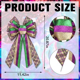 Habbiful Mardi Gras Bow for Wreath, Mardi Gras Wreath Bow New Orleans Bow for Front Door Glitter Green Purple Gold Stripes Bow Fat Tuesday Plaid Bow for Mardi Gras Carnival Decoration