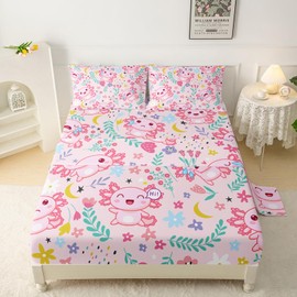 QOOMO Pink Axolotl Kids Sheet Set for Kids Girls,Cartoon Flowers Print Bedding Sets, Cute Kawaii Room Decor Queen Size for Bed Sets with Deep Pocket, 1 Fitted Sheet, 1 Flat Sheet, 2 Pillow Cases