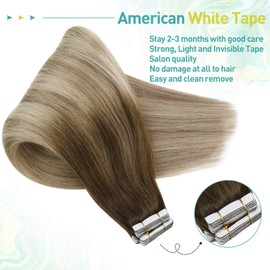 VeSunny Tape in Extensions Human Hair Brown Ombre Long Hair Extensions Tape in Brown to Blonde Ombre Remy Human Hair Seamless Tape in Extensions Brown 24inch 20pcs 50g