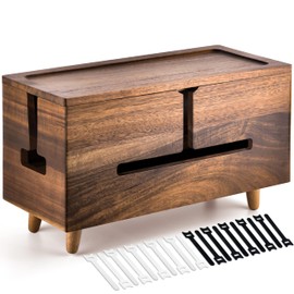 Large Cable Management Box - Organizer for Electrical Cords and Power Strips - Conceal Desk and Floor Cables - Storage Solution for Cord Hider and Organization (Brown Wood)