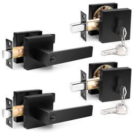 Probrico Square Entry Levers and Double Cylinder Deadbolts Combo Pack, Flat Black Keyed Alike Heavy Duty Keyed Entry Handles Locksets Reversible for Right and Left Side, 2 Pack(All Same Keys)
