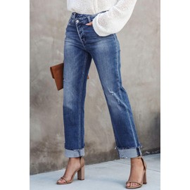 Metietila Women's High Rise Corssover Boyfriend Jeans Distressed Stretchy Denim Pants Cerulean Blue M