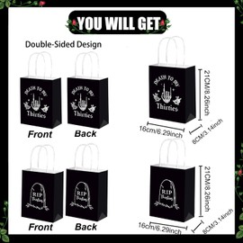 12 Pcs Rip to My 20s 30s Party Bags, Death to My 20s 30s Decoration, Black 30th 40th Party Favors Dirty 30 40 Birthday Gift Bags Funeral for My Youth Party Supplies (Black silver 40th)