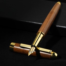 TIESOME Brass Wooden Fountain Pen Set, Vintage Luxury Wood Fountain Pen 0.5mm with 12 Pcs 2.6mm Ink Cartridges and Box Retro Fine Point Pens Calligraphy Pens Smooth Writing for Journaling Gift(A)