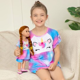 Girl & Doll Matching Pajamas Unicorn Outfit Clothes for Girls and 18" Dolls Pajama Sets (Doll Not Included), Purple Blue, 3-4T