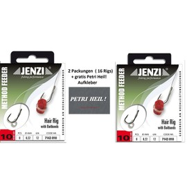 Set: 2 Pack (16 Rigs) Method Feeder Hair Rig by Jenzi with Rubber Band/Quick Stop, Hook Size 8, 10, 12 - Length 12 cm + Free Petri Heil! Sticker (Elastic Band Hook Size 10)