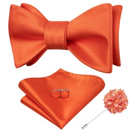 Dubulle Orange Self Tied Bow Tie and Lapel Pin Set for Men Mens Solid Bowtie Handkerchief Cufflinks Set Formal Wedding