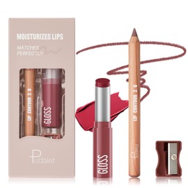 2Pcs Lip Liner and Lipstick Combo, Highly Pigmented Lip Liner and Lipstick Set for women, Long Lasting Matte Lip Liner and Hydrating Lip Balm Lip Gloss Makeup Kits with Sharpener