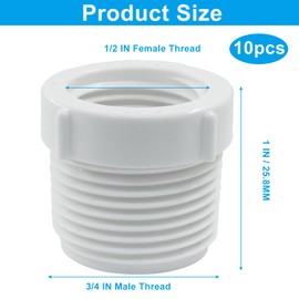 OSVJE 10 Pack PVC Pipe Fitting, 3/4 Inch Male Thread Bulk Fittings 1/2 Inch Female Threaded Reducer Bushing, Coupling Pipe Adapter Connectors for Plumbing/Construction