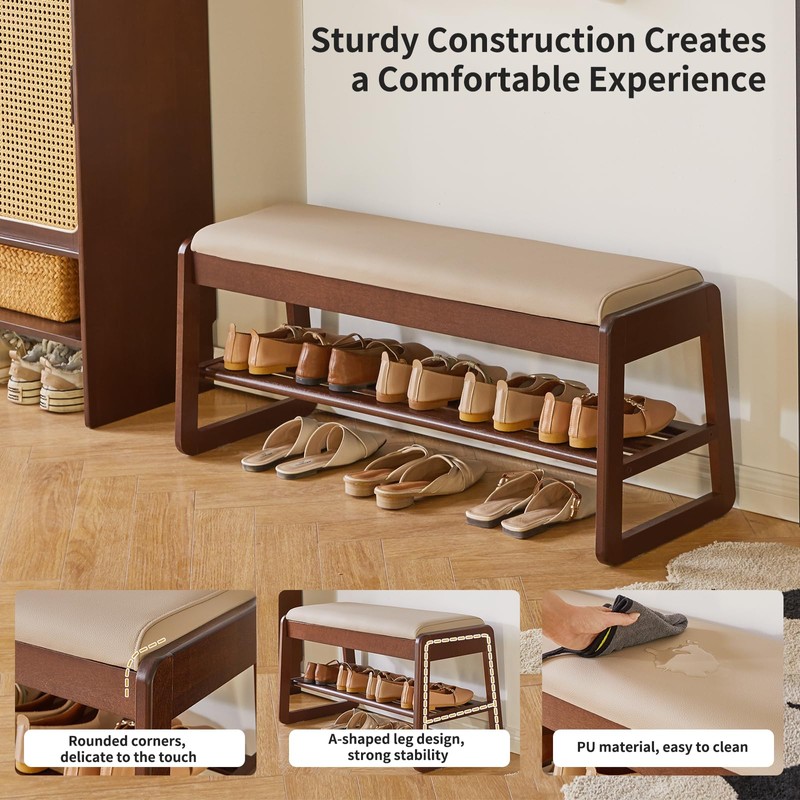 Aibiju Shoe Rack Bench with Cushion, 2 Tiers Wood Shoe