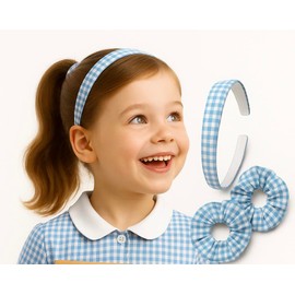 Girls Gingham Hair Set - Light Blue School Headband & 2 Matching Scrunchies | Back to School Hair Accessories | Classic Check Pattern | Ideal for Primary Uniforms | 3-Piece Pack for Girls