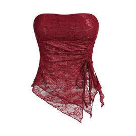 MakeMeChic Women's Floral Lace Strapless Tube Asymmetrical Ruched Drawstring Tiered Y2k Crop Tops Burgundy Large