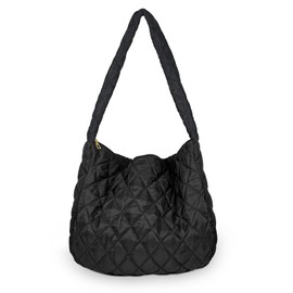 FuninCrea Quilted Tote Bag, Lightweight Puffy Tote Bag Shoulder Bag for Women with Zipper, Lattice Pattern Womens Handbags (Black)