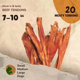 chew-e&tasty Beef Tendon Chews for Dogs (7-10 Inch, 20 Pack), All Natural Rawhide Free Dog Chews, Long Lasting w/Chondroitin & Glucosamine, Dental Health for Small, Medium, Large Dogs