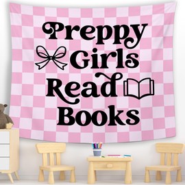 MNASAIOO Pink Checkered Reading Classroom Wall Tapestry Hanging, Preppy Girls Read Books Banner Tapestries, Bow Girly Room Wall Decor for Book Lovers School Library Reading Nook Corner Dorm 50x60in