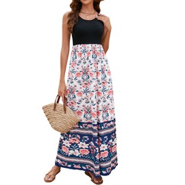 Sherosa Women Boho Chevron Striped Floral Printed Summer Sleeveless Tank Long Maxi Party Dress (L, # White Floral)