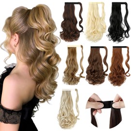 Felendy 18" Ponytail Extension Curly Wavy Clip in Hairpiece Wrap Around Long Pony Tails Hair Extensions Synthetic for Women Light Auburn Mix Dark Brown