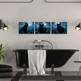 sechars 3 Pieces Cat Canvas Wall Art Black and White Animal Pet with Flower Painting Picture Print Modern Pet Artwork Framed for Living Room Bedroom Office Decor Ready to Hang (Blue, Small)