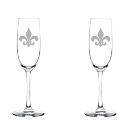 MIP Set of 2 Glass Champagne Flutes Sparkling Wine Glasses Fleur-De-Lis (8 oz Stemmed)