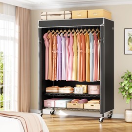 ULIFHOME P6C Plus Rolling Clothes Rack with Cover, Covered Clothing Rack Heavy Duty, Portable Closet for Hanging Clothes, Garment Rack on Wheels, Black Closet Rack with Black Cover, Max Load 375LBS