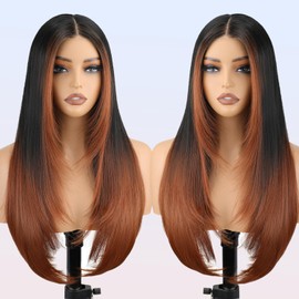 NOSTALGIA Synthetic Lace Front Wig Pre Cut Lace Glueless Wig Wear And Go 13X5X1 Inch HD Lace Auburn Brown Black Root Layered Pre Plucked Glueless Wigs For Women