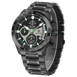 BY BENYAR Classic Watches for Men,Stainless Steel Military Wrist Watches with Calendar,Waterproof and Scratch Resistant, Luminous Analog Multifunction Chronograph Quartz Mens Watches（Green）