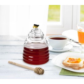HIC Kitchen Glass Honey Jar with Lid and Honey Dipper, Borosilicate Glass and Beechwood