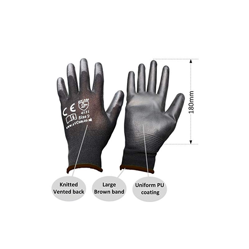 eVCom 12pairs PU Coated Black Work Gloves (improved quality). For