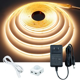 GOMING Motion Sensor COB LED Light Strip 16.4ft(5M) Warm White 3000K 3 Lighting Modes 3 Timing Off Modes 3 Brightness Modes with Power Adapter for Kitchen Cabinets Stair Showcase Bedroom Bed