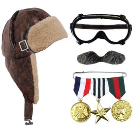 Adults 1940s Aviator With War Medals Grey Moustache And Pilot Goggles Fancy Dress Set - Brown Aviator Hat Ww2 Pilot Fancy Dress