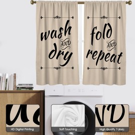 zokyer Laundry Beige Kitchen Window Curtain White Words Minimalist Funny Trendy Wash Dry Fold Small Short 27.5" W x 45" L Curtains Set for Living Room Bedroom Bathroom 2 Panels Rod Pocket Drapes