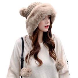 Peicees Winter Beanie Hats for Women Warm Knit Skull Cap Fur Hat with Pompom Russian Ushanka Trapper Hat Ear Cover Light Coffee