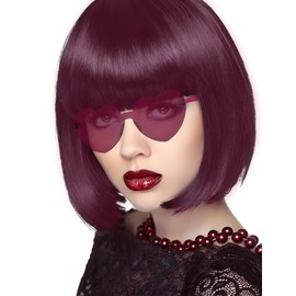 PLANTURECO Dark Red Wig and Party Sunglasses, Color Bob Wig, Cosplay Wigs and Party Wigs, Rainbow Wig with Neon Glasses Wigs for Women - Bachelorette Party Wigs Decorations Favors (Wine Red)