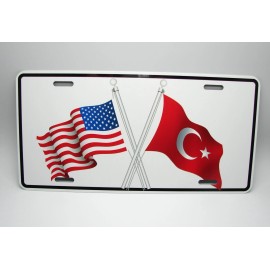 DIGIART INTERNATIONAL TURK TURKISH TURKIYE FLAG AMERICAN FLAG METAL CAR NOVELTY LICENSE PLATE AUTO TAG