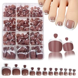 240Pcs White French Tip Press On Toenails Short Square Fake Toenails Coffe False Toenails With Design Brown Full Cover Acrylic Toenails Glossy Glue On Toenail for Women Manicure 12 Packs