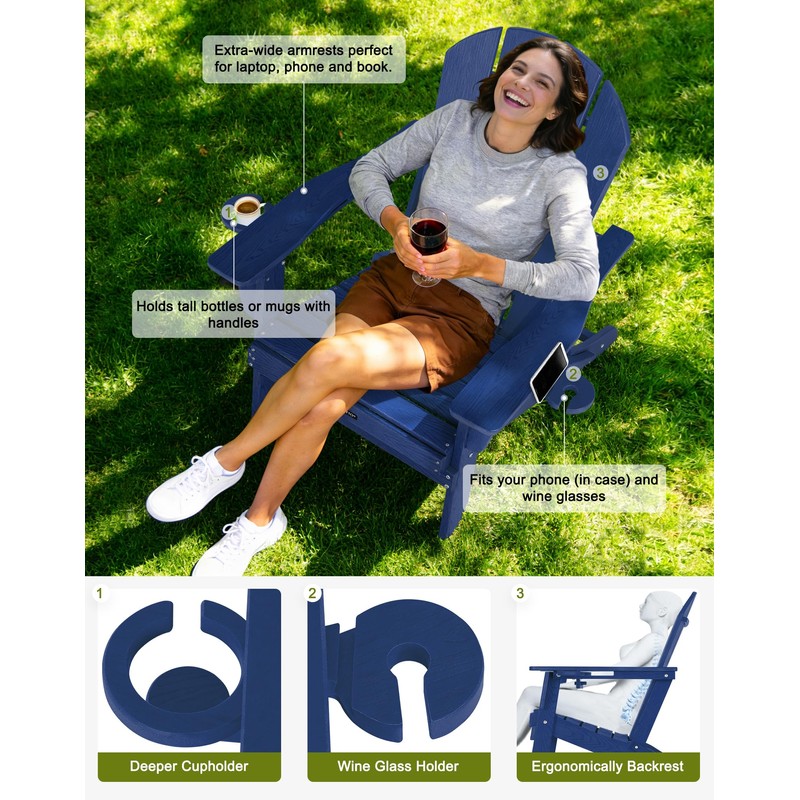 ABCPATIO Folding Adirondack Chair with Dual Cup Holders, All-Weather HDPE