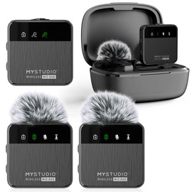 MyStudio Wireless Mic Duo • Microphone Set with Two Lavalier Lapel Microphones • Cordless • For Two Users At The Same Time • Compatible with Smartphones and Cameras • Protective Case as Charging Station