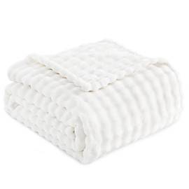 RUIKASI Fleece Throw Blanket for Sofa - White Single Fluffy Bubble Throws Cozy Blanket with Reversible Design, Throw 130x200 cm