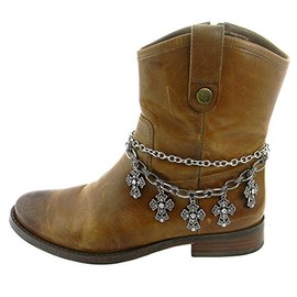JP Spiritual Rhinestone Cross Charm Western Cowgirl Boot Strap Anklet Silver Tone