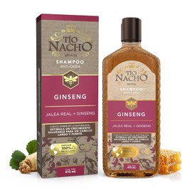 TÍO NACHO - Shampoo Anti-Caída. Estimula y fortalece crecimiento saludable de la fibra capilar, con jalea real y extractos de ginseng, romero, aloe vera y jojoba. Empaque 100% reciclado, botella con 415ml
