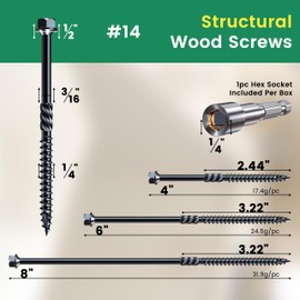 #14 x 4 Wood Structural Screws 50 Pcs, Exterior Hex-Head Lag Screws, Black Heavy Duty Construction Timber Log Landscaping Wood Screws, Hex Socket Included